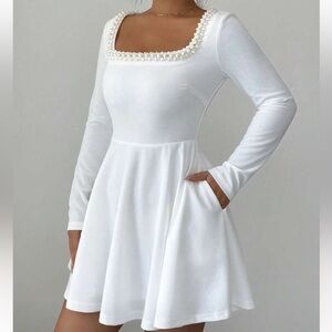 Long sleeve white dress beaded pearl collar